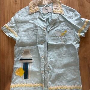 Tom Bolo Light Blue Linen Cocktail Appliqué Button-Up Shirt